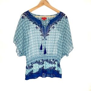 Elle Blue Sheer Flowy Top Tassel Tie Size XS